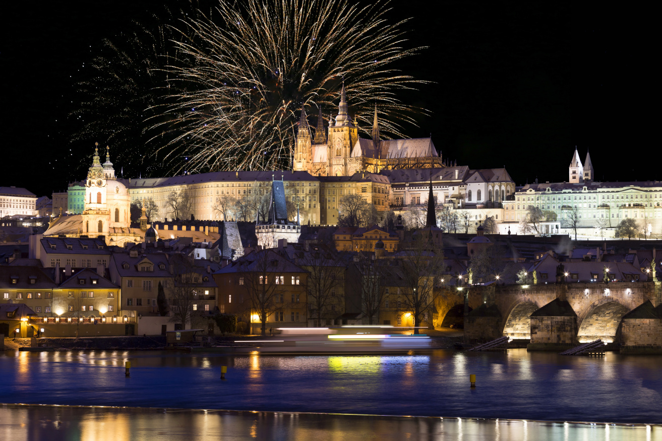 Fireworks,Above,Night,Colorful,Snowy,Prague,Gothic,Castle,With,Charles